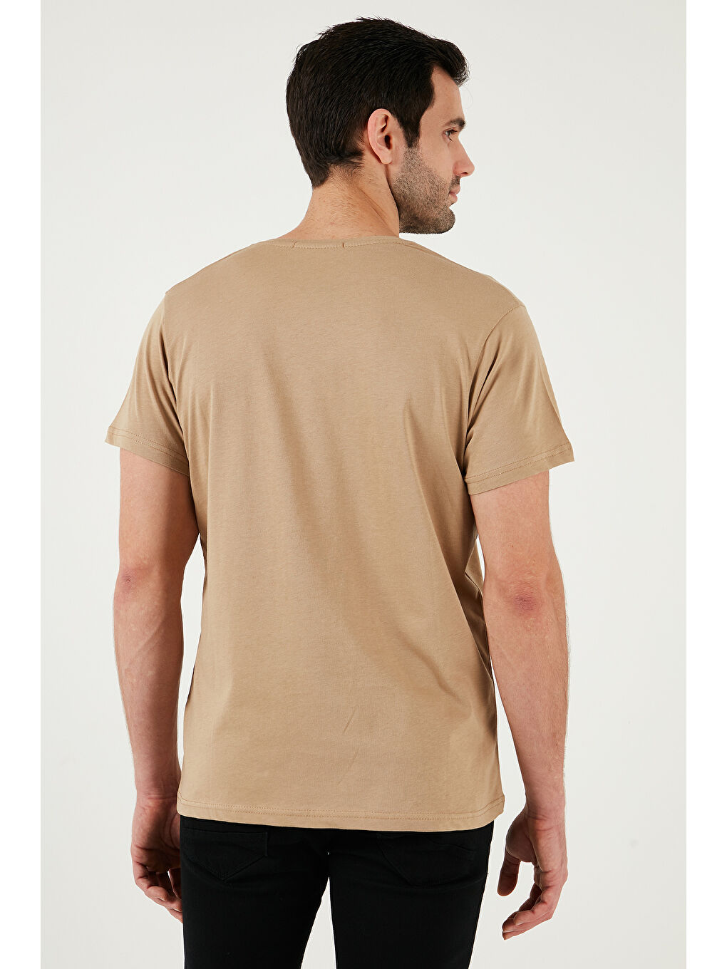 Bej Baskılı Bisiklet Yaka %100 Pamuk Slim Fit Erkek Tişört 541FOLLOW-6