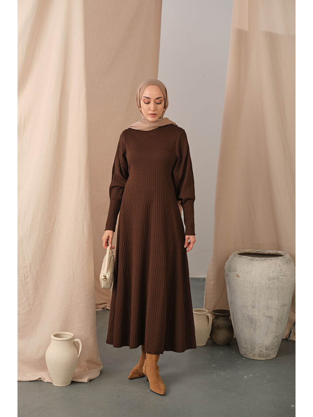 Kadın Kendinden Desenli Triko Elbise Kahverengi-3