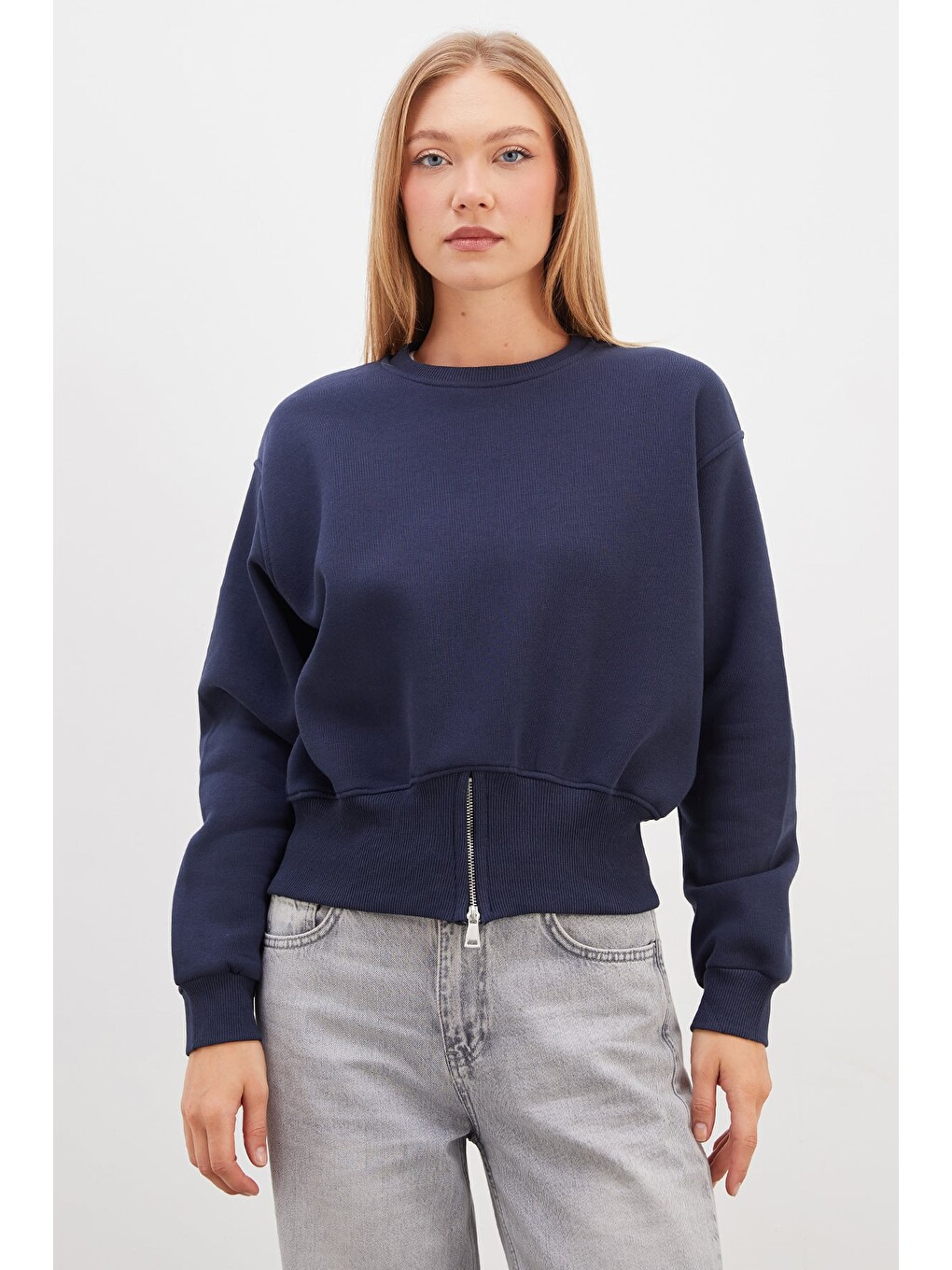 Lacivert 3 İplik Eteği Fermuarlı Bisiklet Yaka Crop Sweatshirt-1