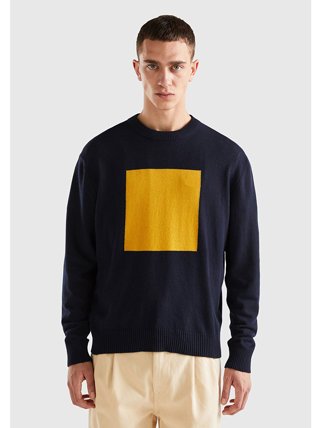 Erkek Sarı Yün Karışımlı Büyük Kare Desenli Kazak