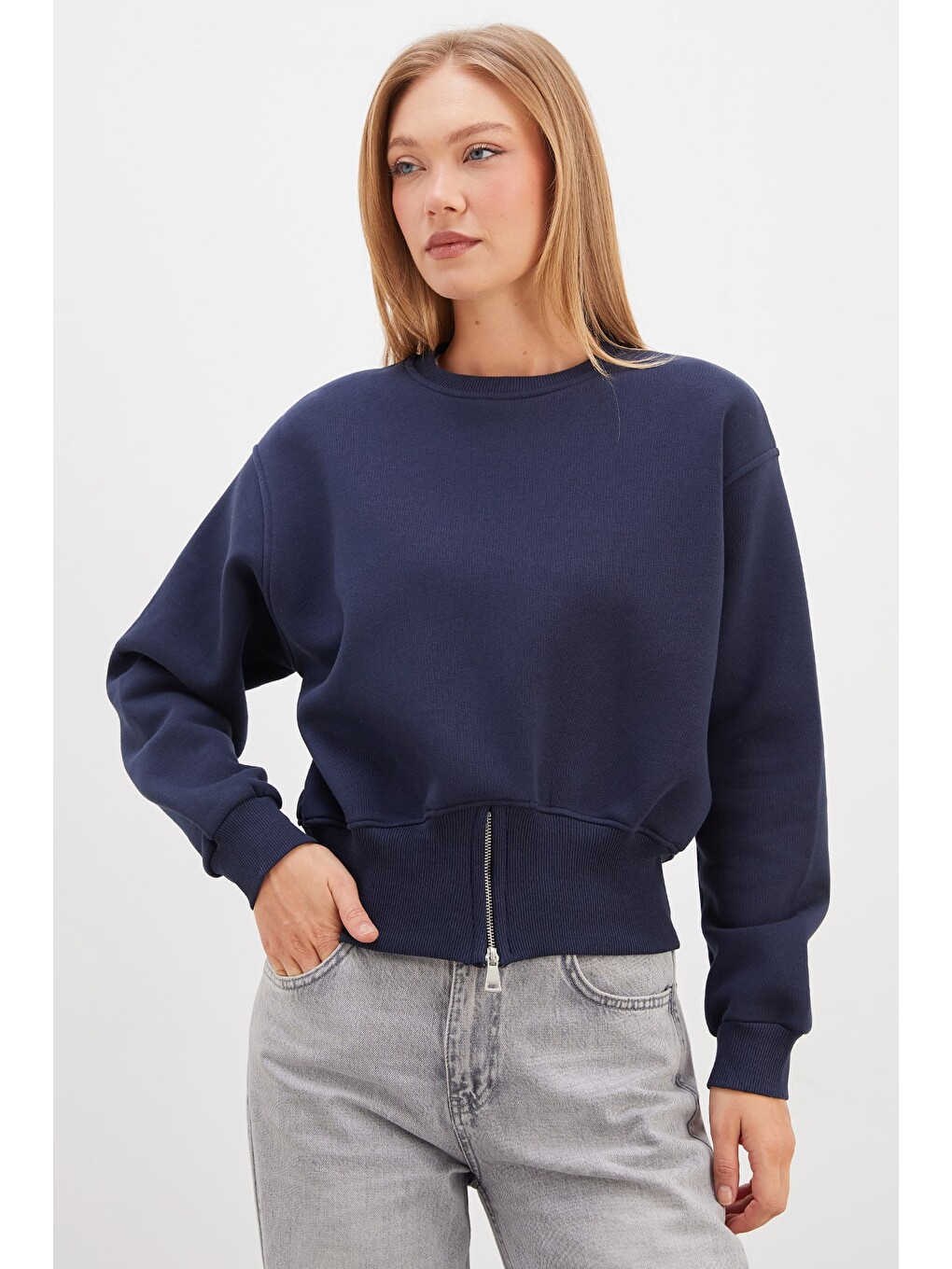 Lacivert 3 İplik Eteği Fermuarlı Bisiklet Yaka Crop Sweatshirt-3