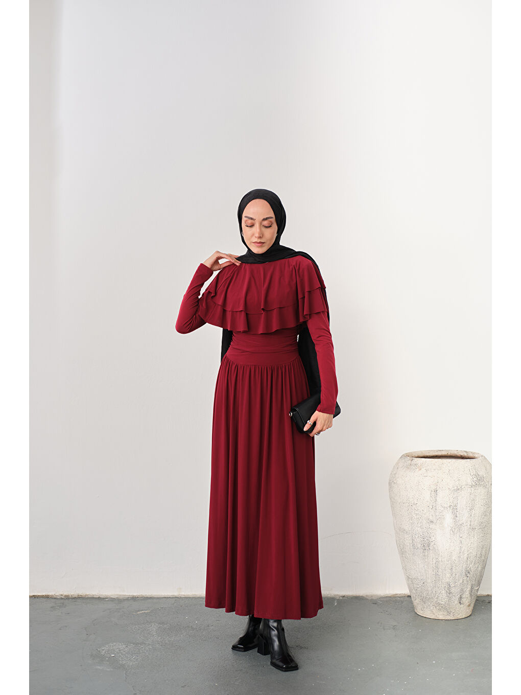 Kadın Omuz Fırfır Detay Elbise Bordo