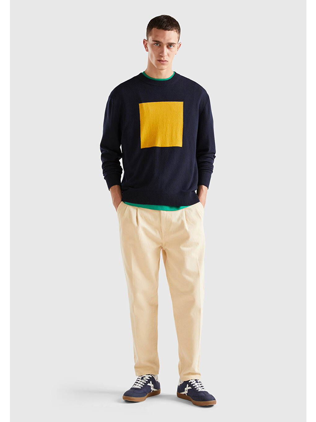 Erkek Sarı Yün Karışımlı Büyük Kare Desenli Kazak-4