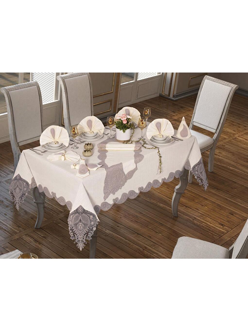 26 Parça Keten Zambak Masa Örtüsü Takımı Krem Gri