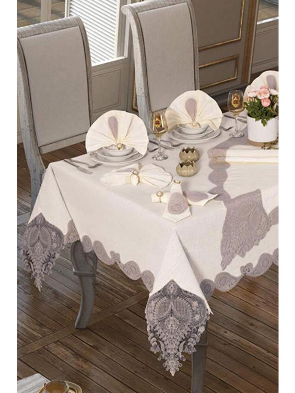 26 Parça Keten Zambak Masa Örtüsü Takımı Krem Gri-3