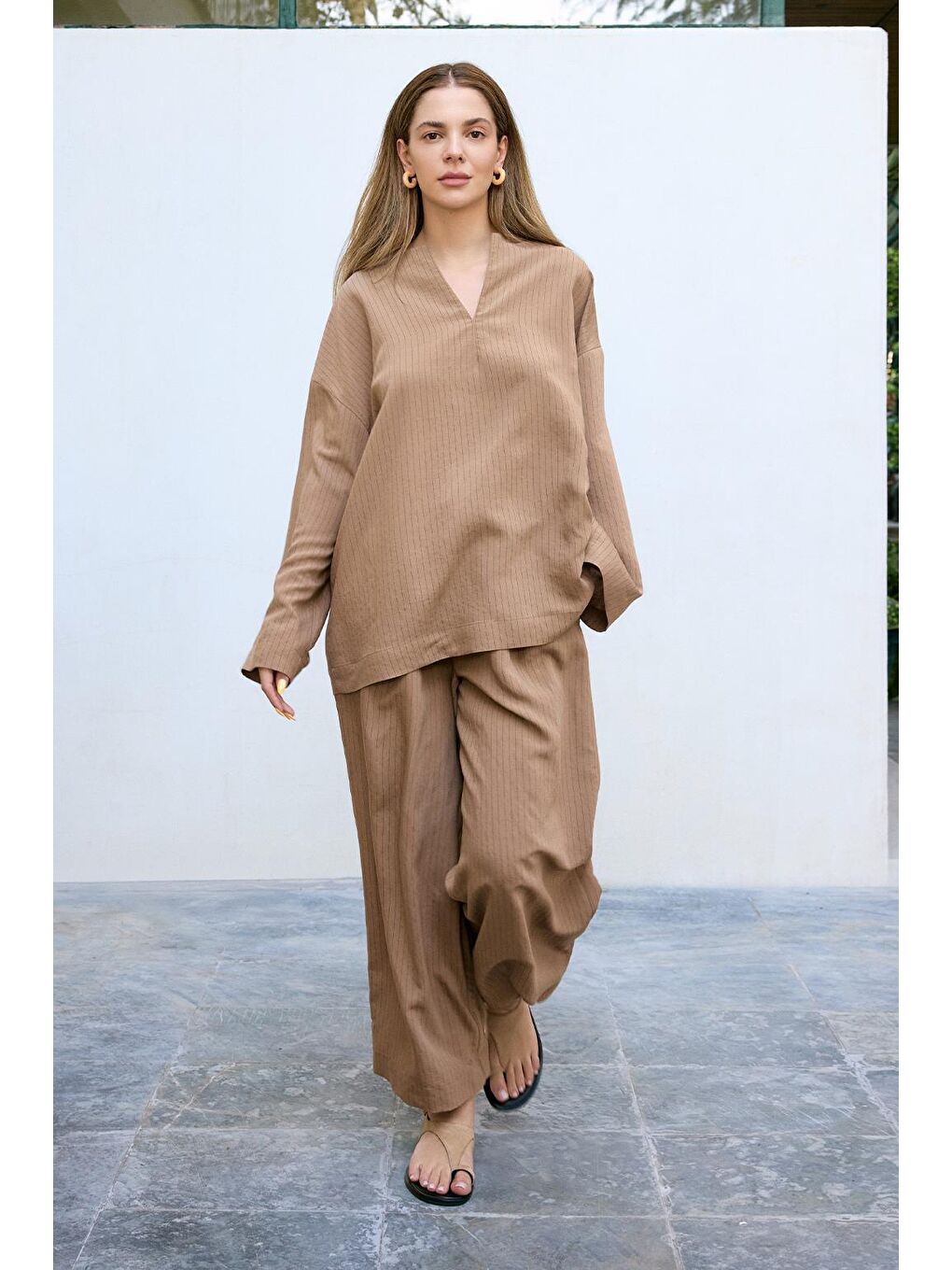 Kahverengi Dory Modal Bluz Pantolon Takım Camel-1
