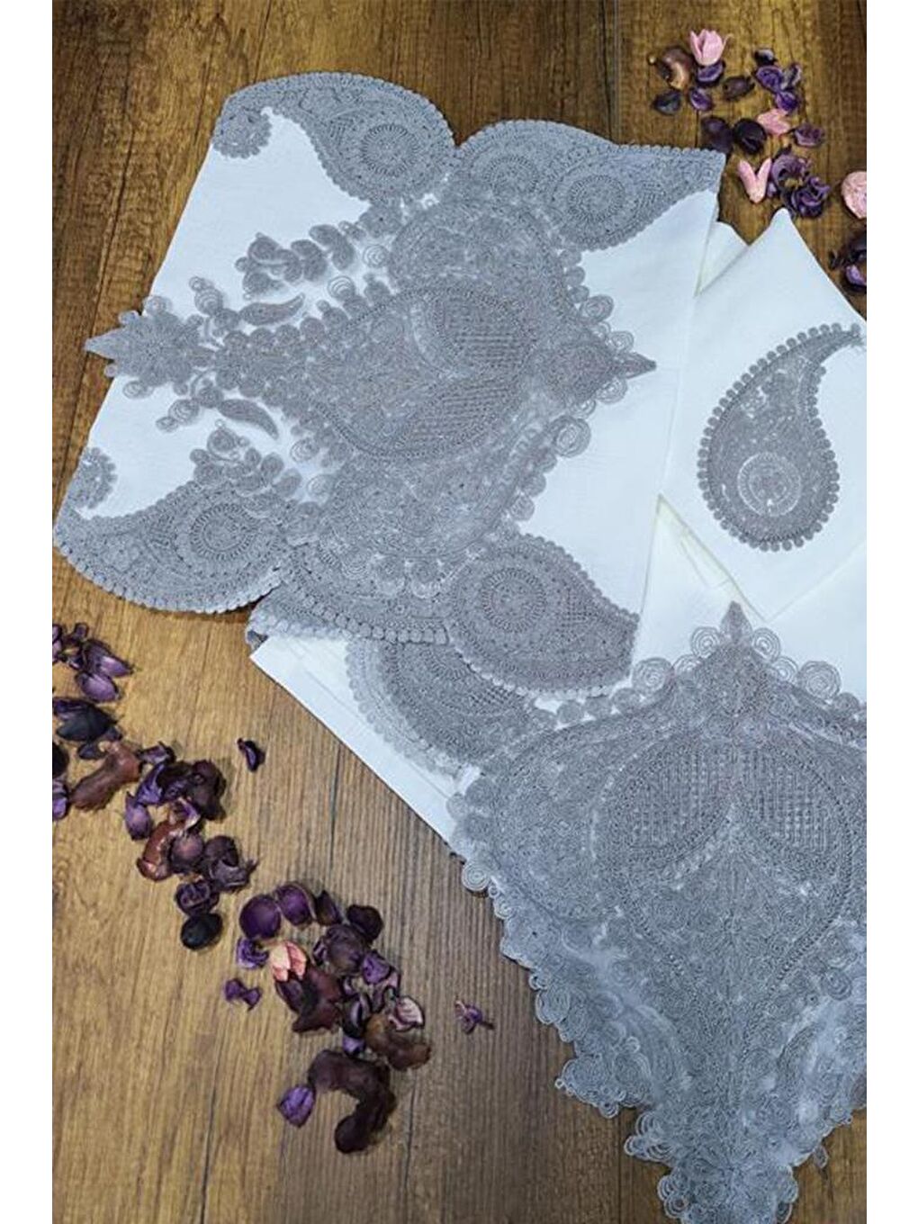 26 Parça Keten Zambak Masa Örtüsü Takımı Krem Gri-4