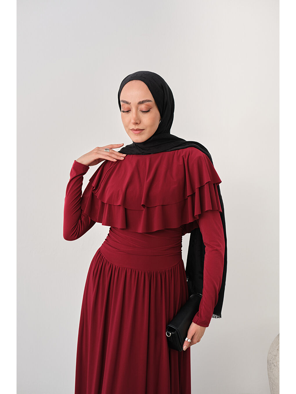 Kadın Omuz Fırfır Detay Elbise Bordo-1