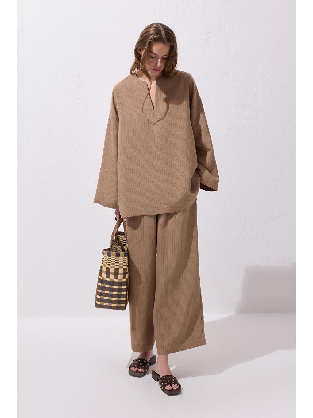 Kahverengi Dory Modal Bluz Pantolon Takım Camel-5