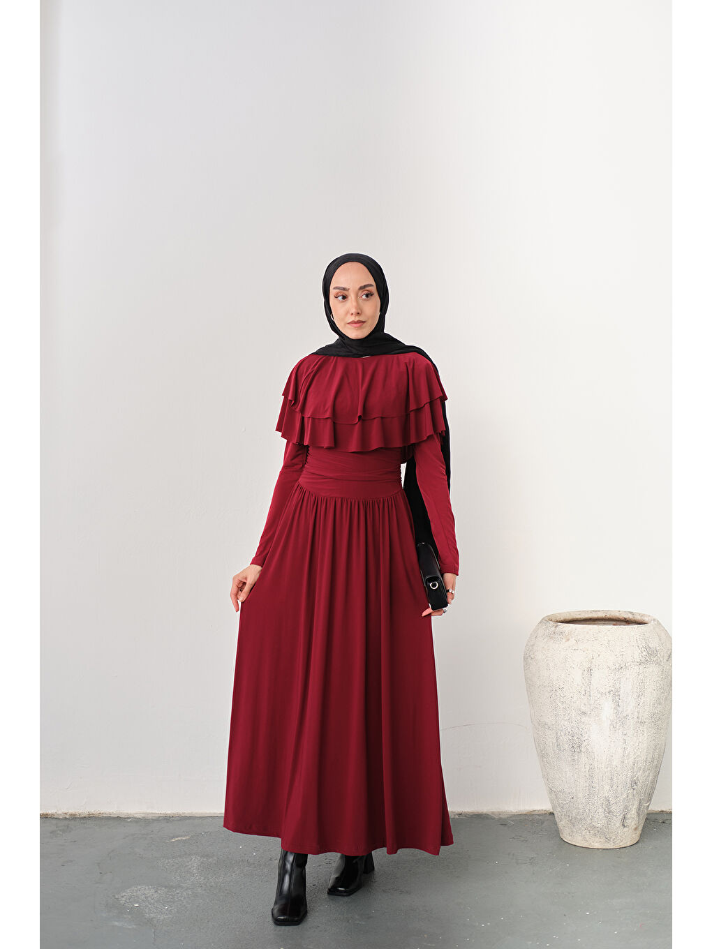 Kadın Omuz Fırfır Detay Elbise Bordo-2