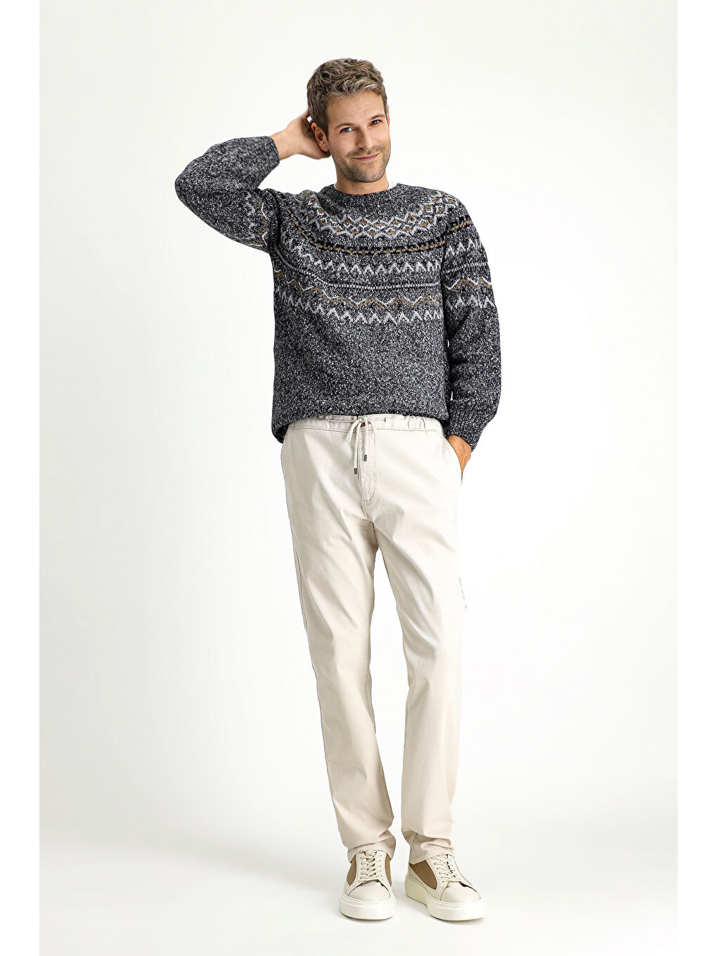 Ekru Slim Fit Dar Kesim Elastanlı Beli Lastikli İpli Pantolon