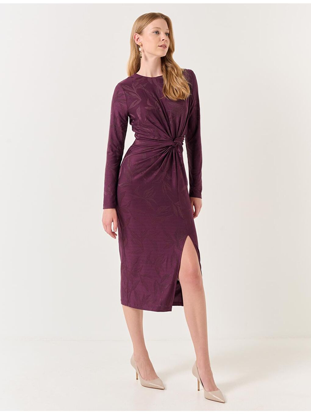 Bordo Uzun Kollu Yırtmaçlı Desenli Midi Elbise-5