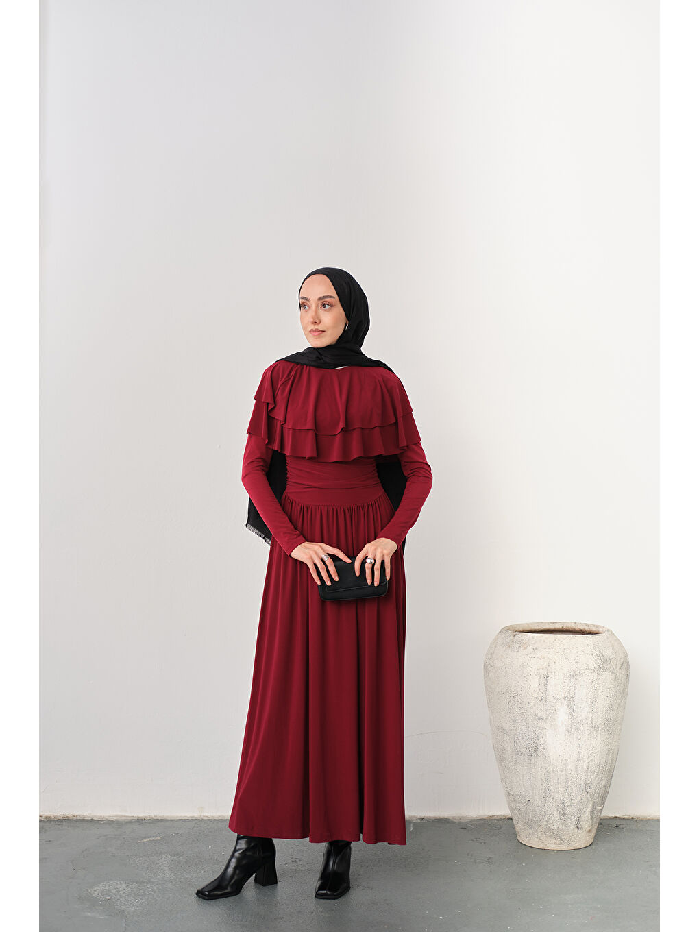 Kadın Omuz Fırfır Detay Elbise Bordo-3