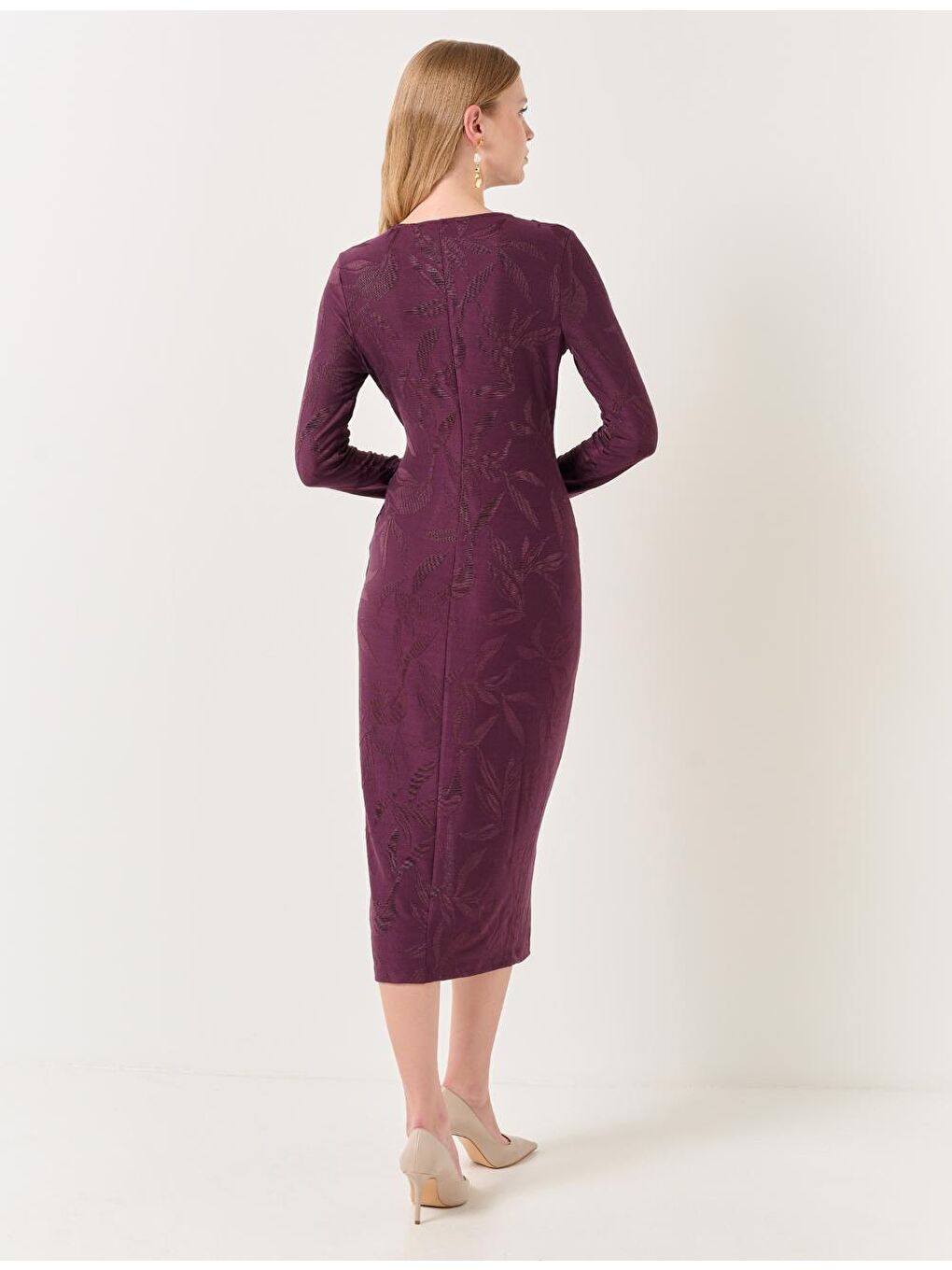 Bordo Uzun Kollu Yırtmaçlı Desenli Midi Elbise-6