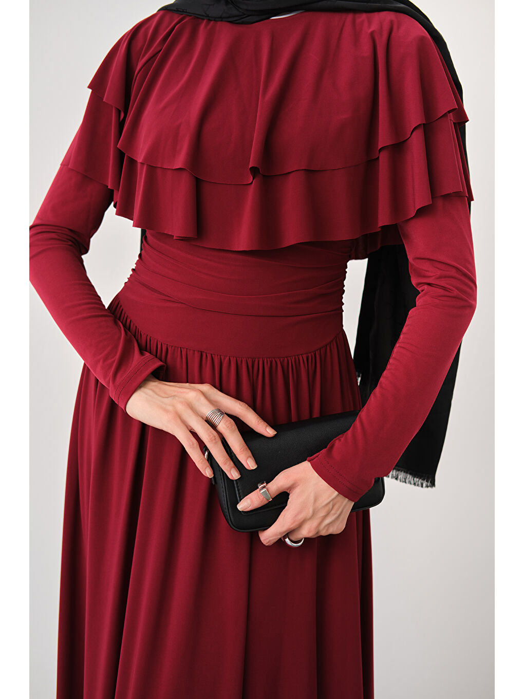 Kadın Omuz Fırfır Detay Elbise Bordo-4