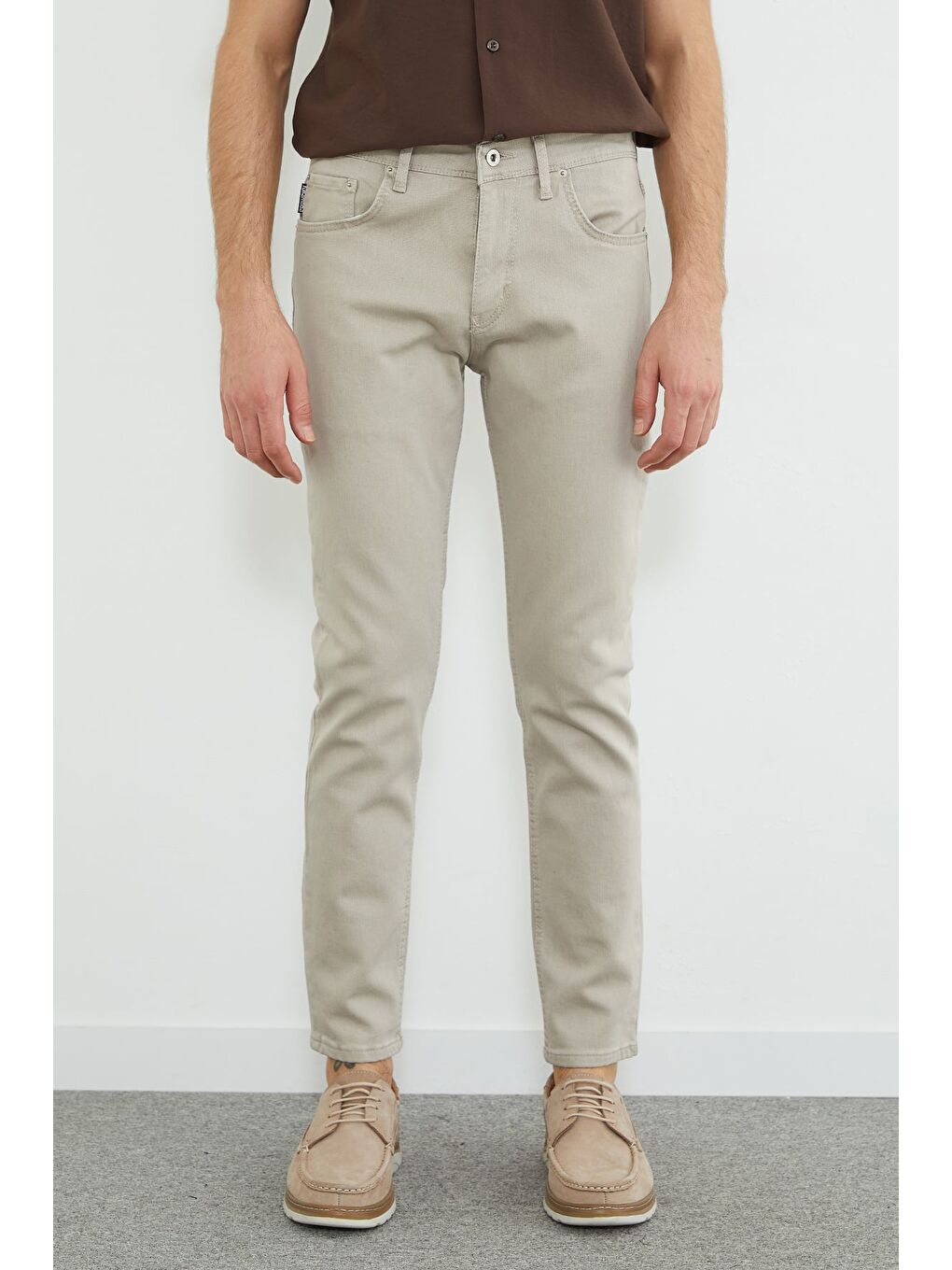 Bej Fermuarlı Slim Fit Jean-1
