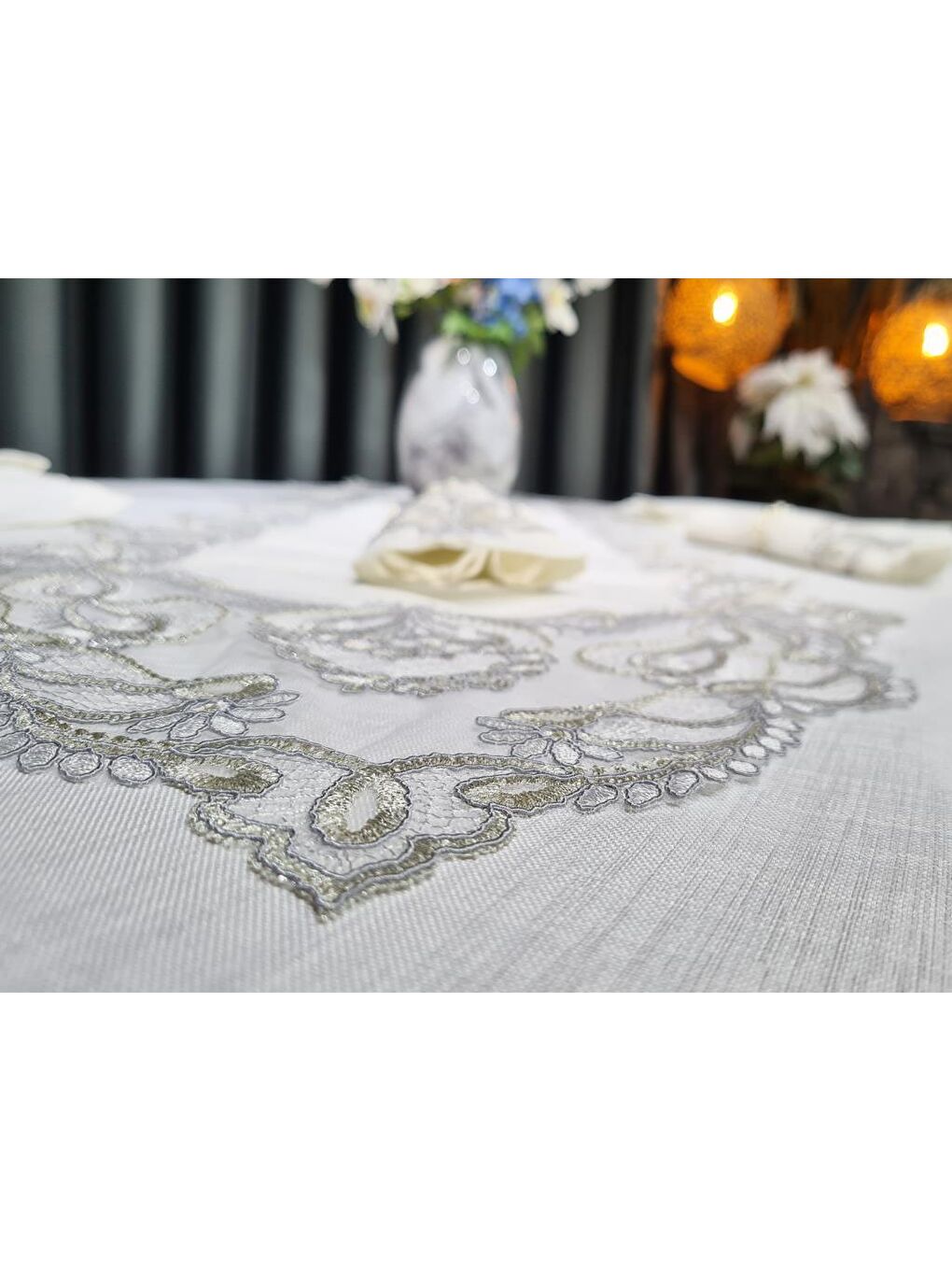 Mavi 26 Parça Fransız Güpürlü Firuze Masa Örtüsü Takımı Krem - Silver-2