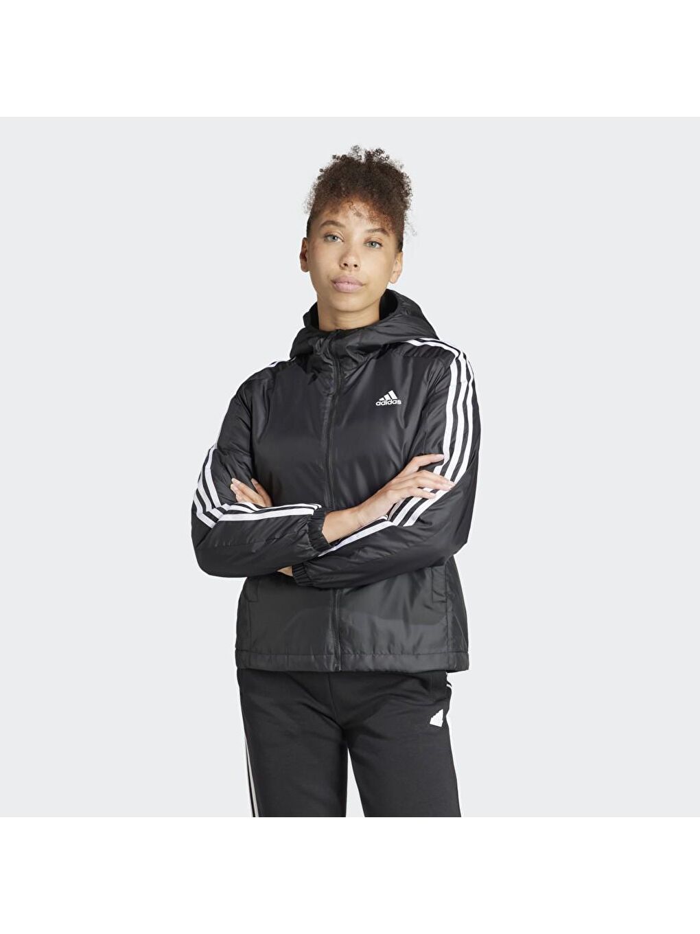 Adidas Siyah 3 Stripes Essentials Kadın Siyah Kapüşonlu Mont