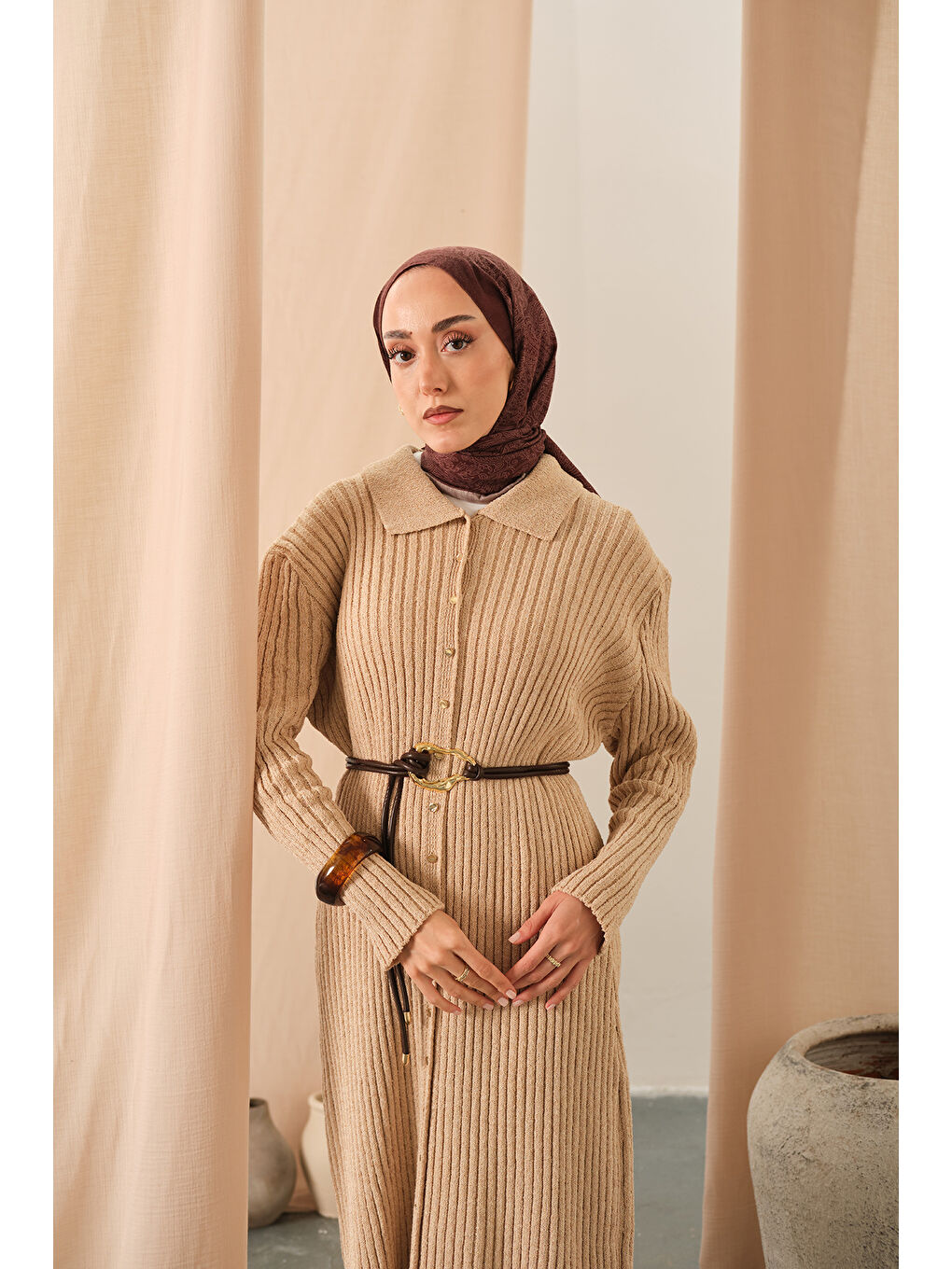 Kadın Düğme Detay Triko Elbise Bej-1