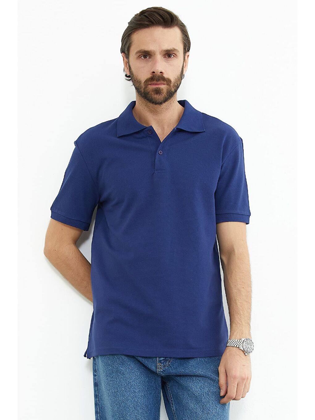 Lacivert Basic Polo Yaka Yarım Düğmeli Tişört