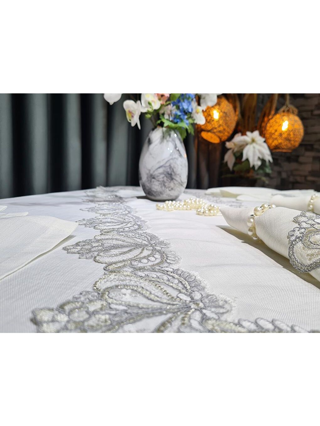 Mavi 26 Parça Fransız Güpürlü Firuze Masa Örtüsü Takımı Krem - Silver-4