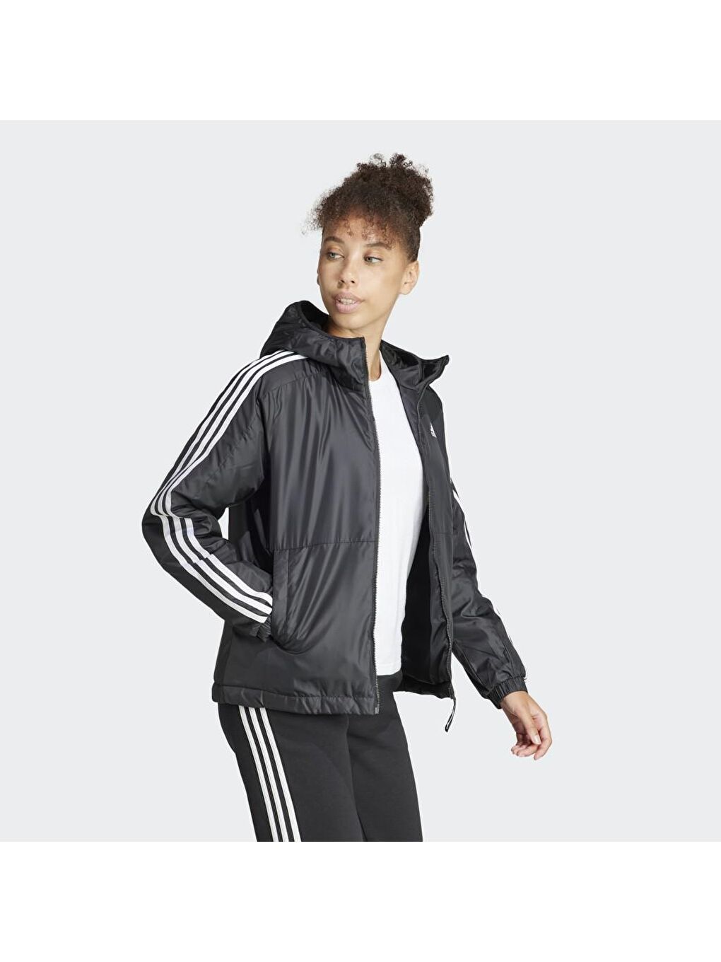 Adidas Siyah 3 Stripes Essentials Kadın Siyah Kapüşonlu Mont - 2