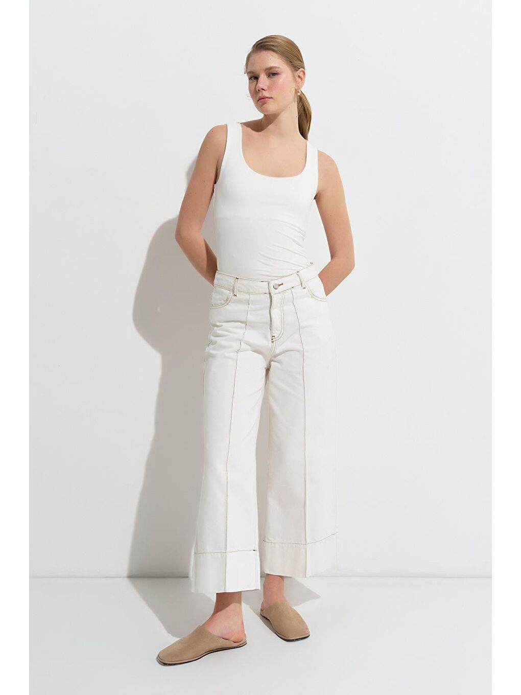 Double Paça Jean Pantolon Ekru