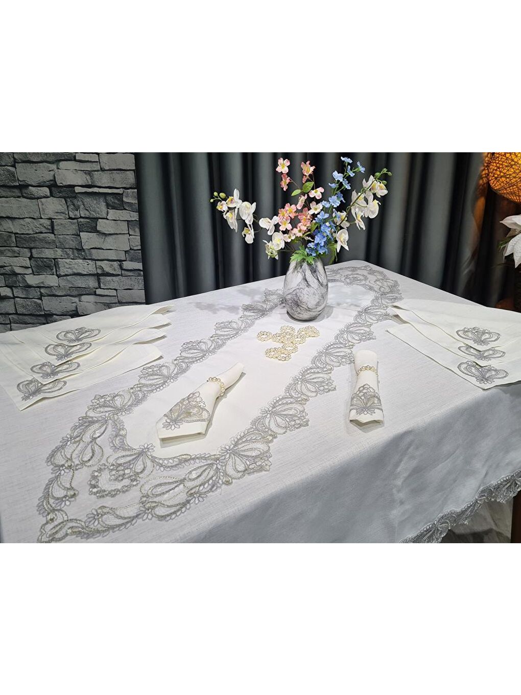 Mavi 26 Parça Fransız Güpürlü Firuze Masa Örtüsü Takımı Krem - Silver-5