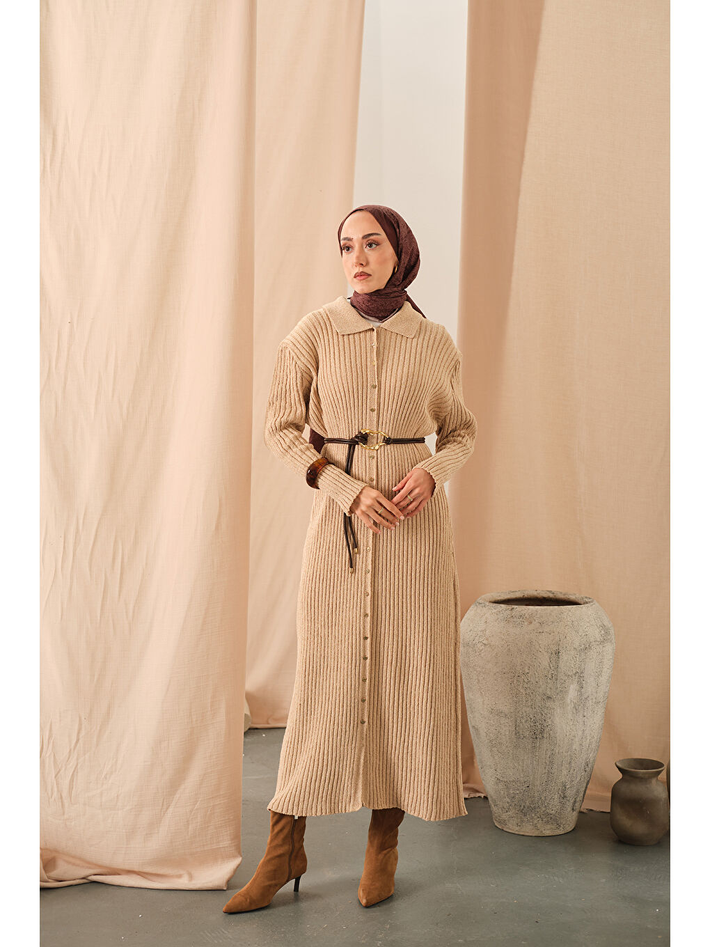 Kadın Düğme Detay Triko Elbise Bej-2