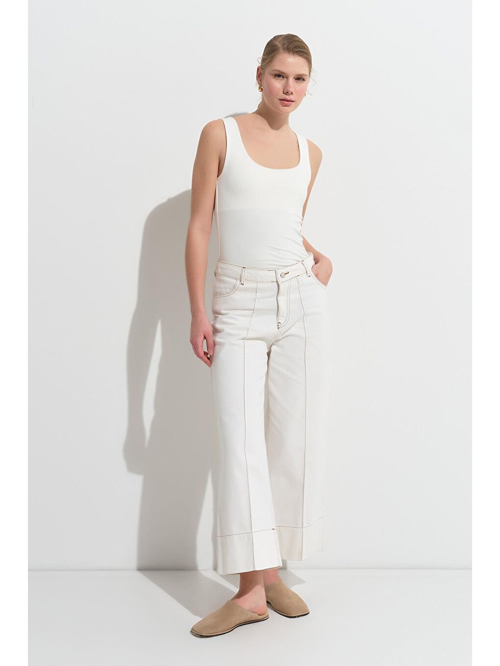 Double Paça Jean Pantolon Ekru-2