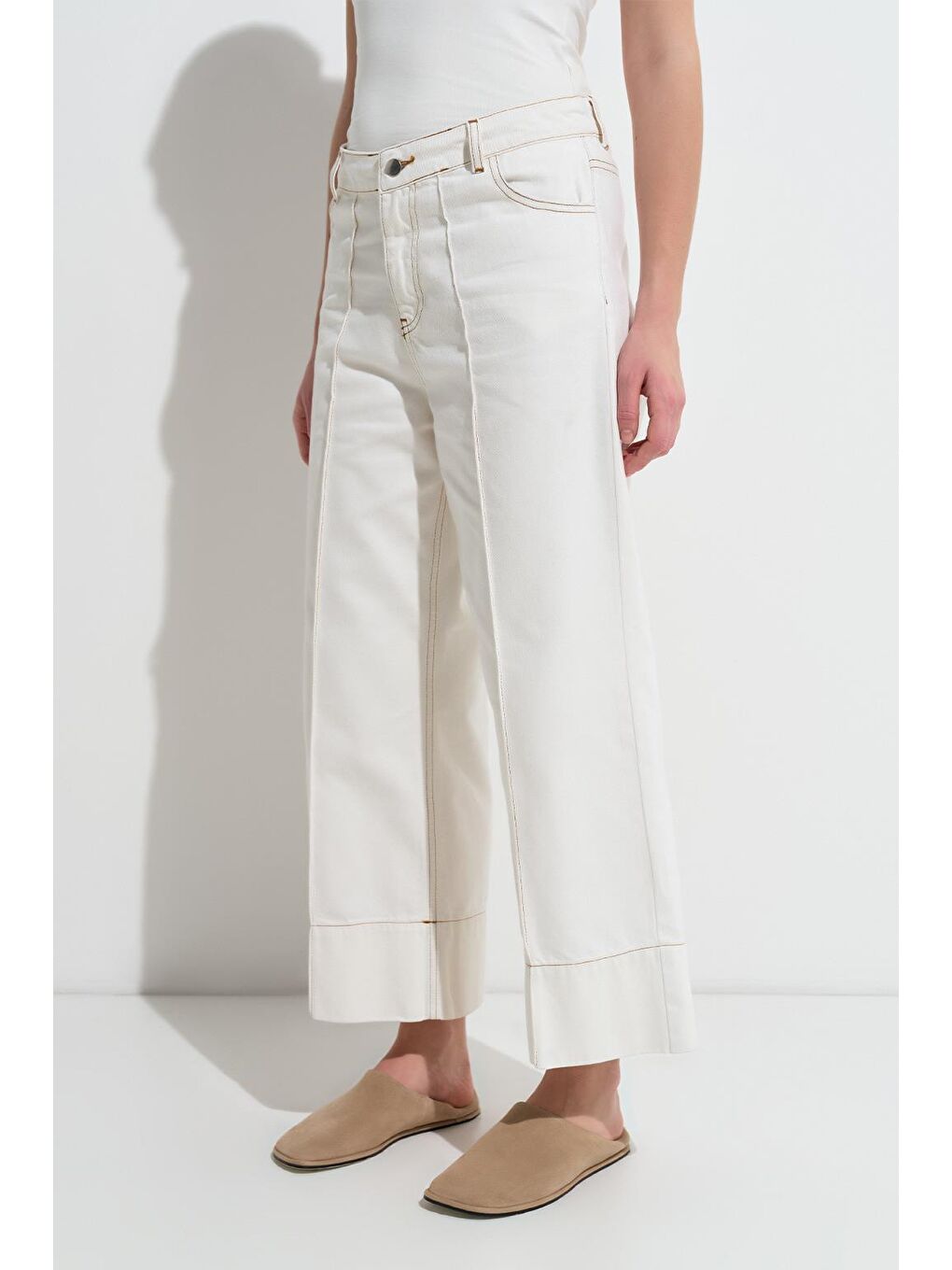 Double Paça Jean Pantolon Ekru-3