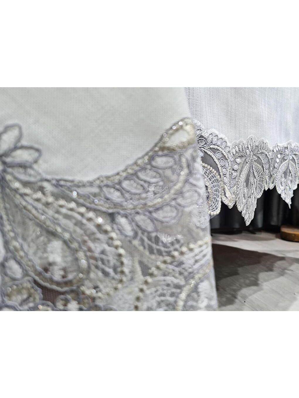 Mavi 26 Parça Fransız Güpürlü Firuze Masa Örtüsü Takımı Krem - Silver-7