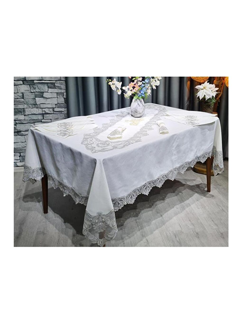 Mavi 26 Parça Fransız Güpürlü Firuze Masa Örtüsü Takımı Krem - Silver-8