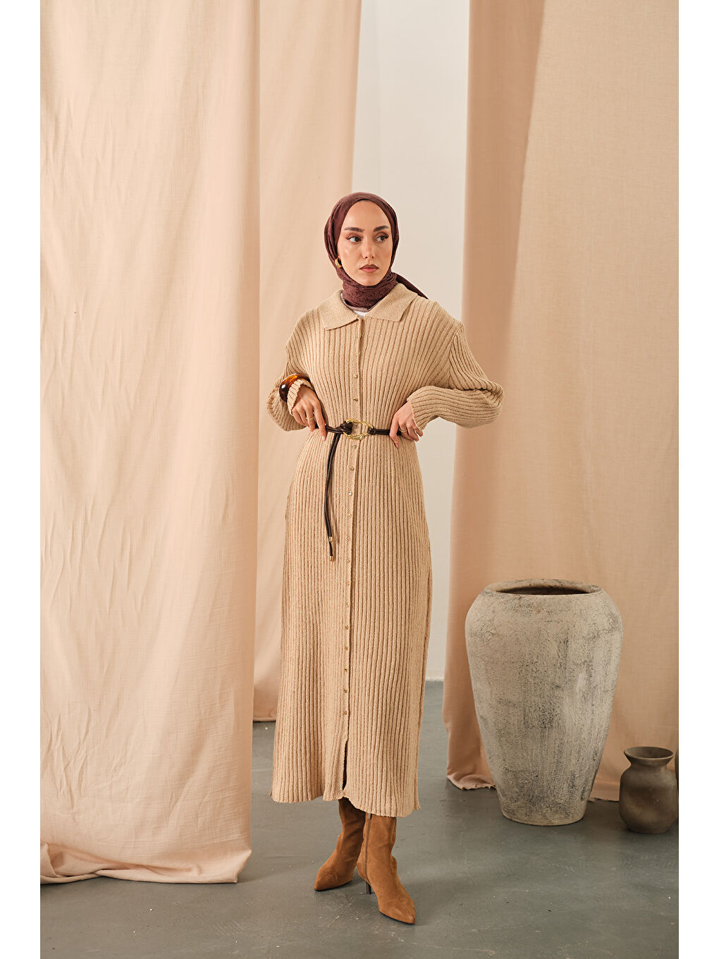 Kadın Düğme Detay Triko Elbise Bej-3