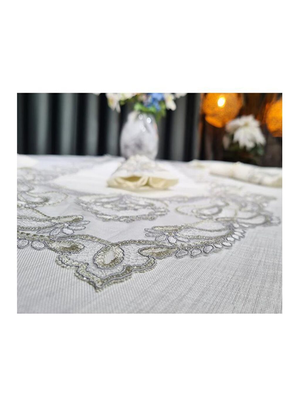 Mavi 26 Parça Fransız Güpürlü Firuze Masa Örtüsü Takımı Krem - Silver-9