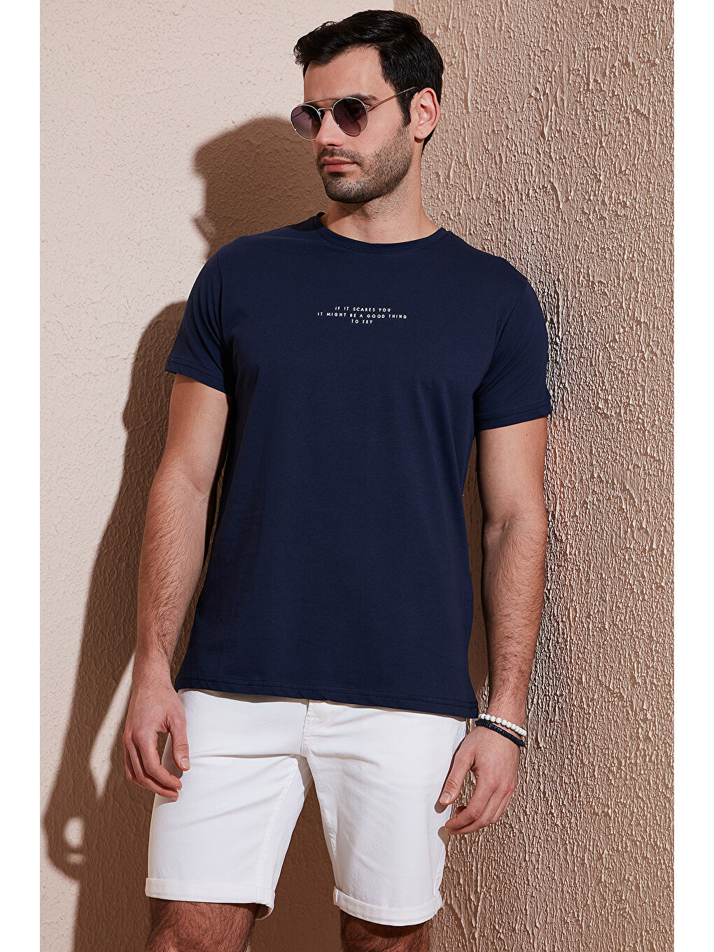 Lacivert Bisiklet Yaka %100 Pamuk Slim Fit Erkek Tişört 541IFIT