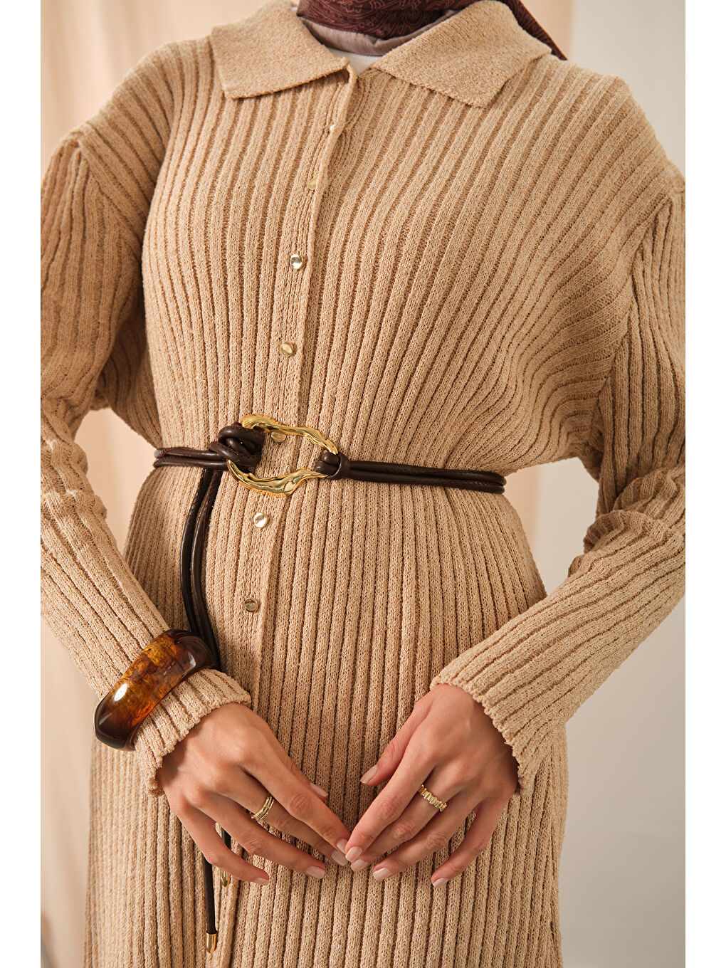 Kadın Düğme Detay Triko Elbise Bej-4