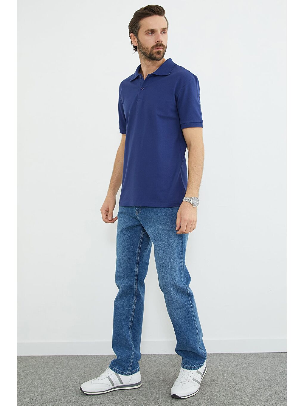 Lacivert Basic Polo Yaka Yarım Düğmeli Tişört-2