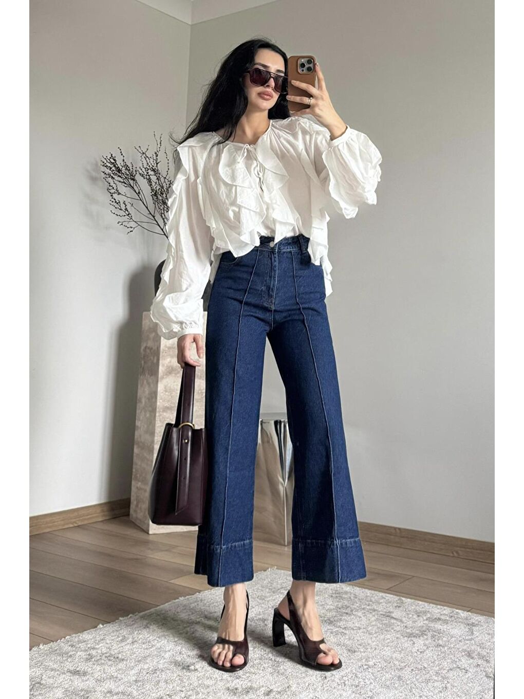 Double Paça Jean Pantolon Koyu Mavi-4