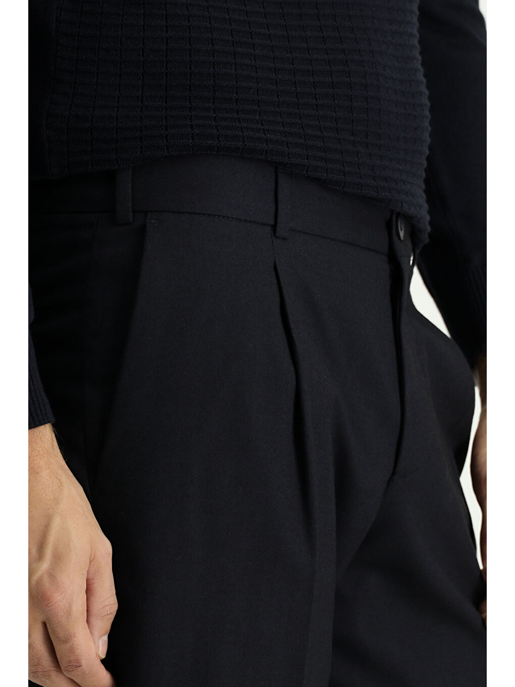 Lacivert Slim Fit Dar Kesim Elastanlı Pileli Klasik Kumaş Pantolon-2