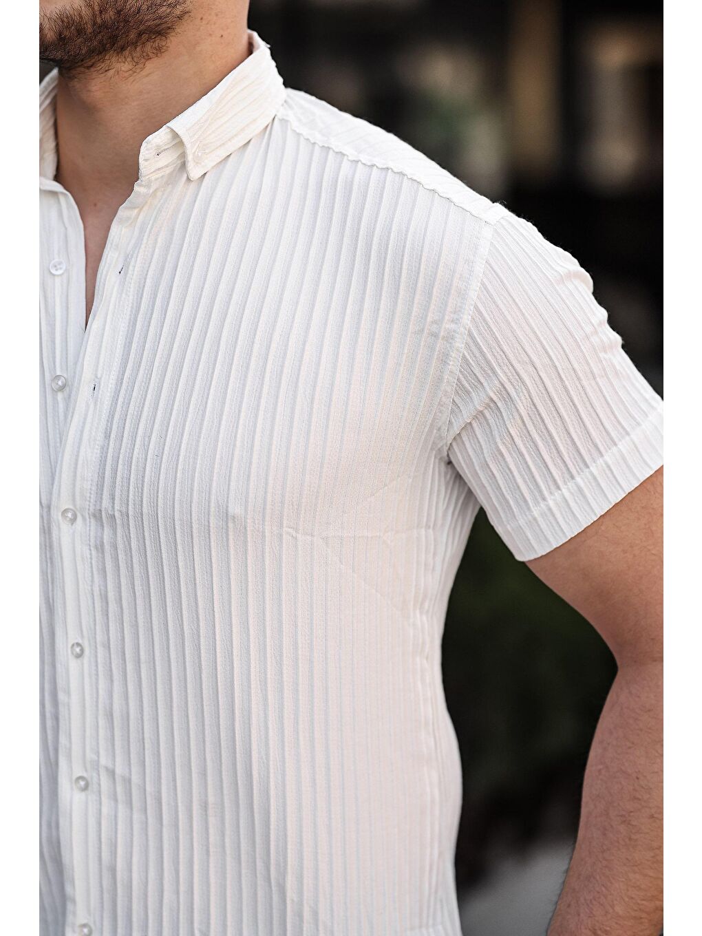 Beyaz Erkek Kendinden Çizgi Desenli Gömlek-1