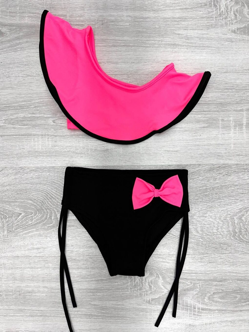 Pembe Kız Çocuk 2'li Mayo Takımı (Bağcıklı ve Fiyonklu Alt+Tek Kol Üst) Takımı 2-10 Yaş 12230