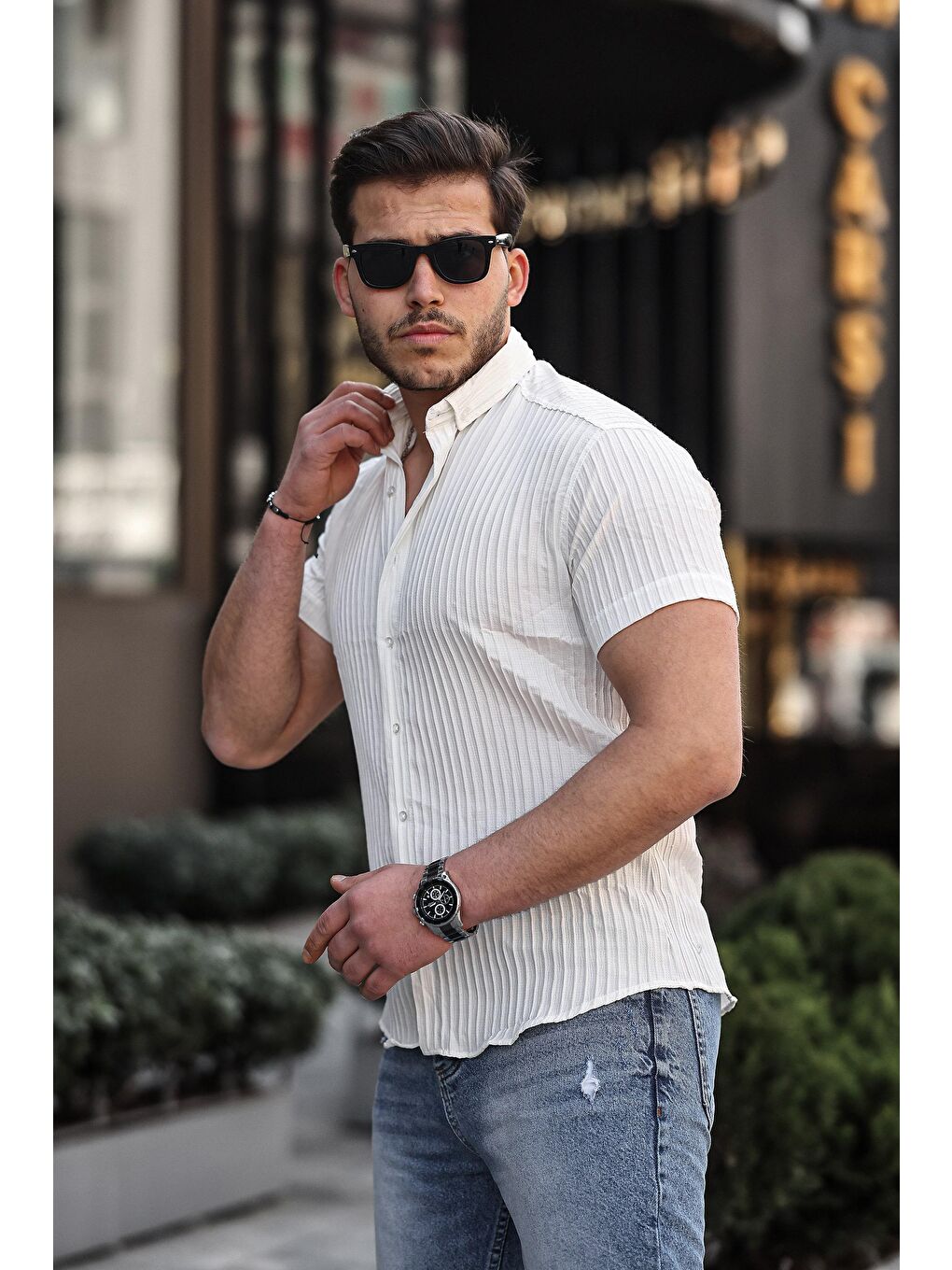 Beyaz Erkek Kendinden Çizgi Desenli Gömlek-2