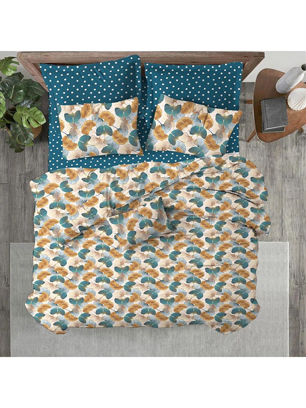 Karışık Yaprak Desen Baskılı Çift Kişilik 200x220 cm 2 Adet 50x70 cm Nevresim Takımı - Renkli