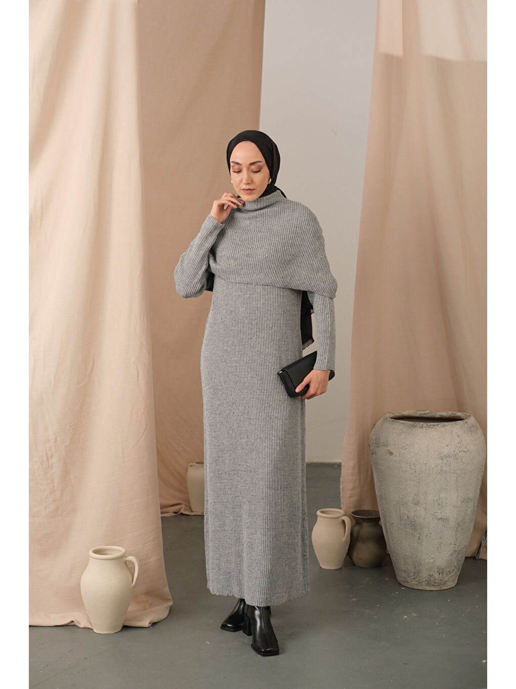 Kadın Pelerin Yaka Elbise Gri