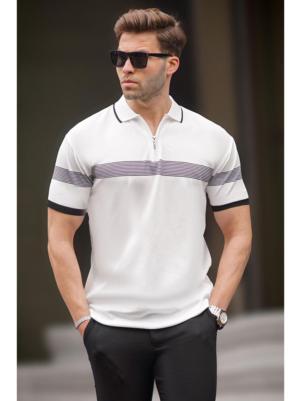Beyaz Fermuar Detaylı Polo Yaka Erkek Tişört 6879-1