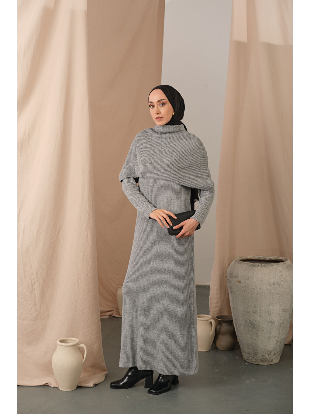 Kadın Pelerin Yaka Elbise Gri-1