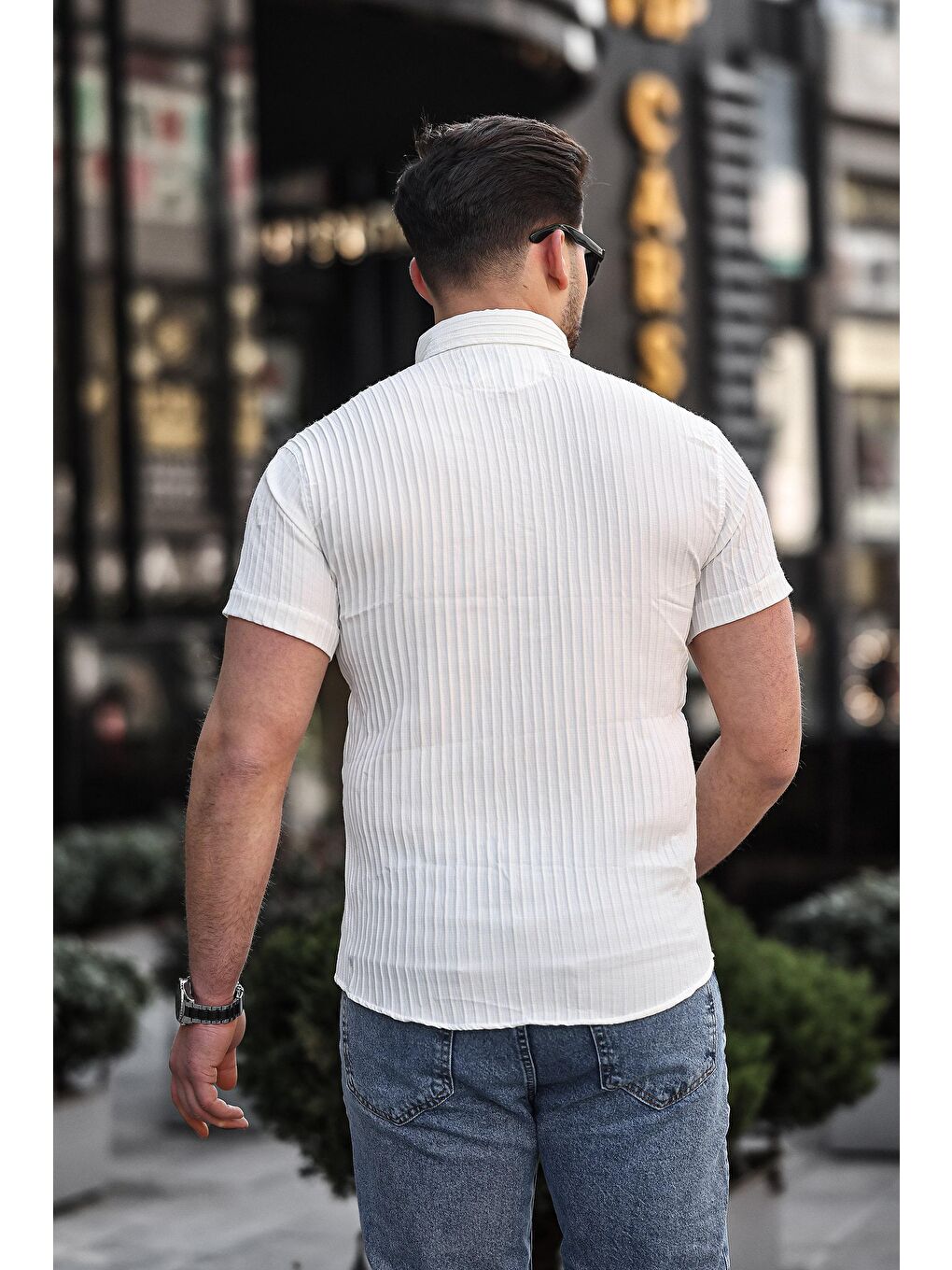 Beyaz Erkek Kendinden Çizgi Desenli Gömlek-3