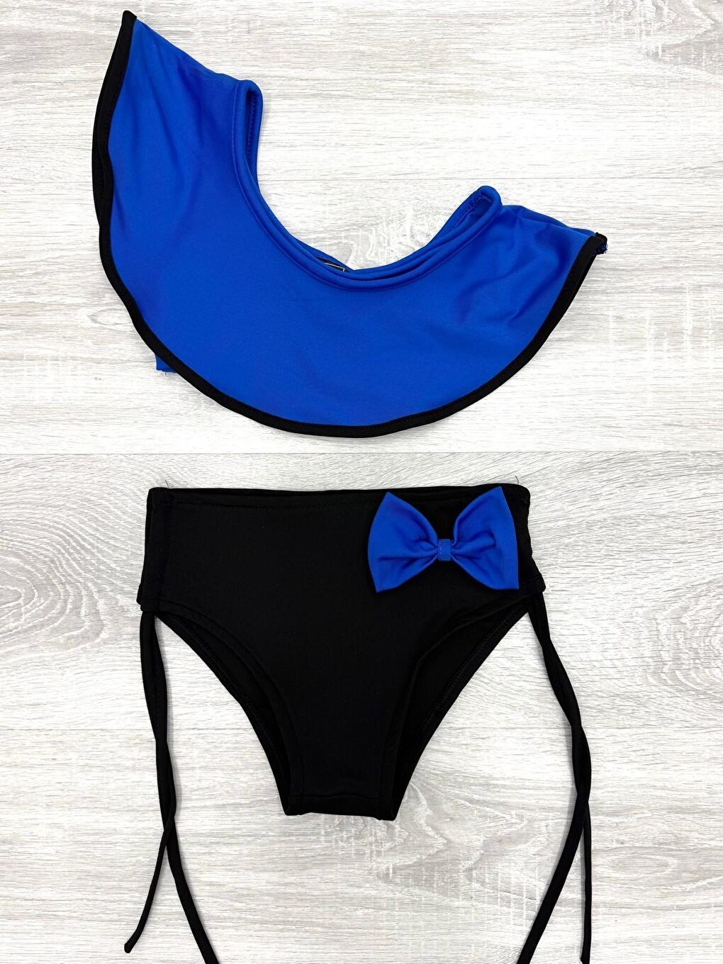 Mavi Kız Çocuk 2'li Mayo Takımı (Bağcıklı ve Fiyonklu Alt+Tek Kol Üst) Takımı 2-10 Yaş 12230