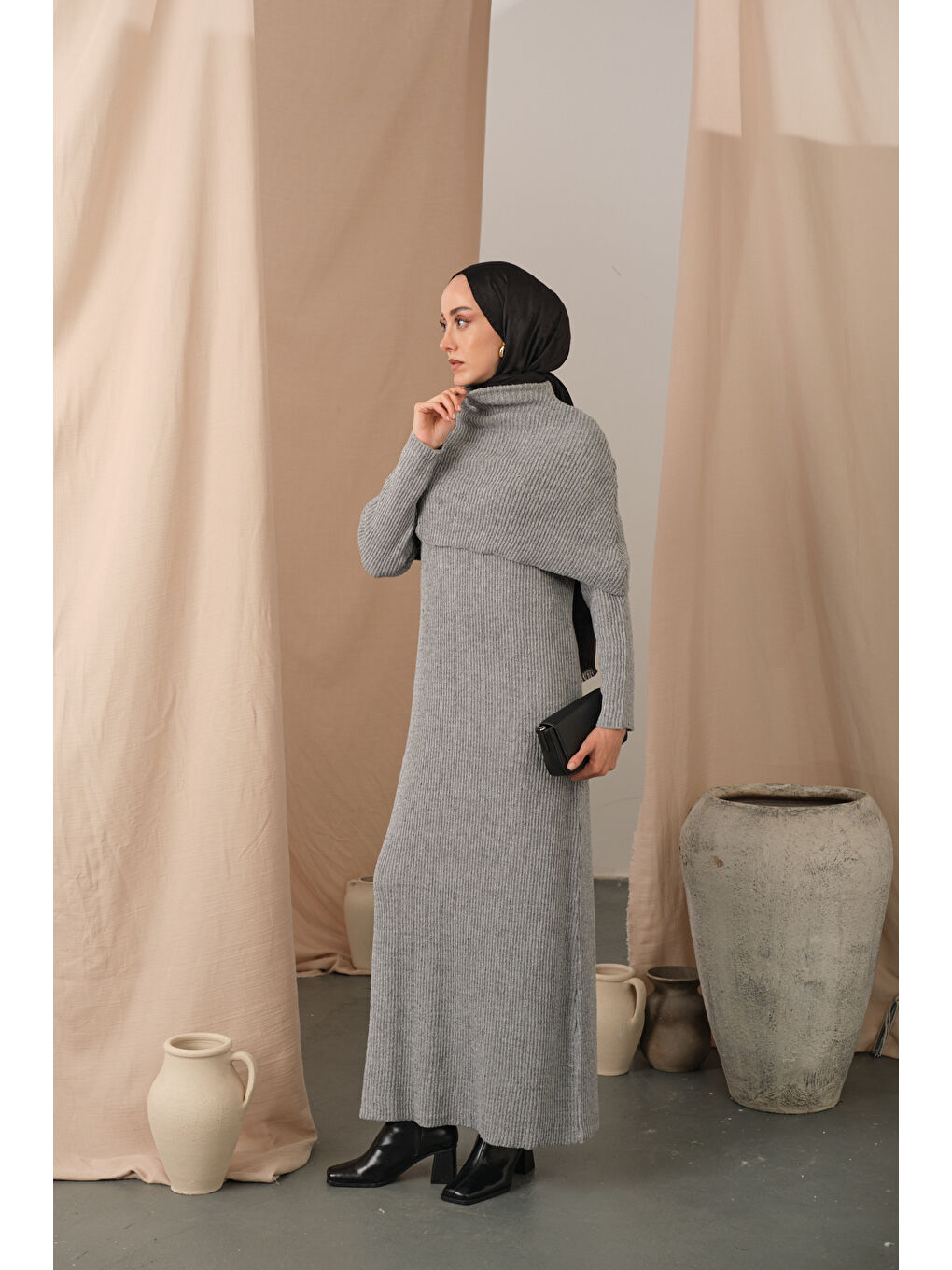 Kadın Pelerin Yaka Elbise Gri-2